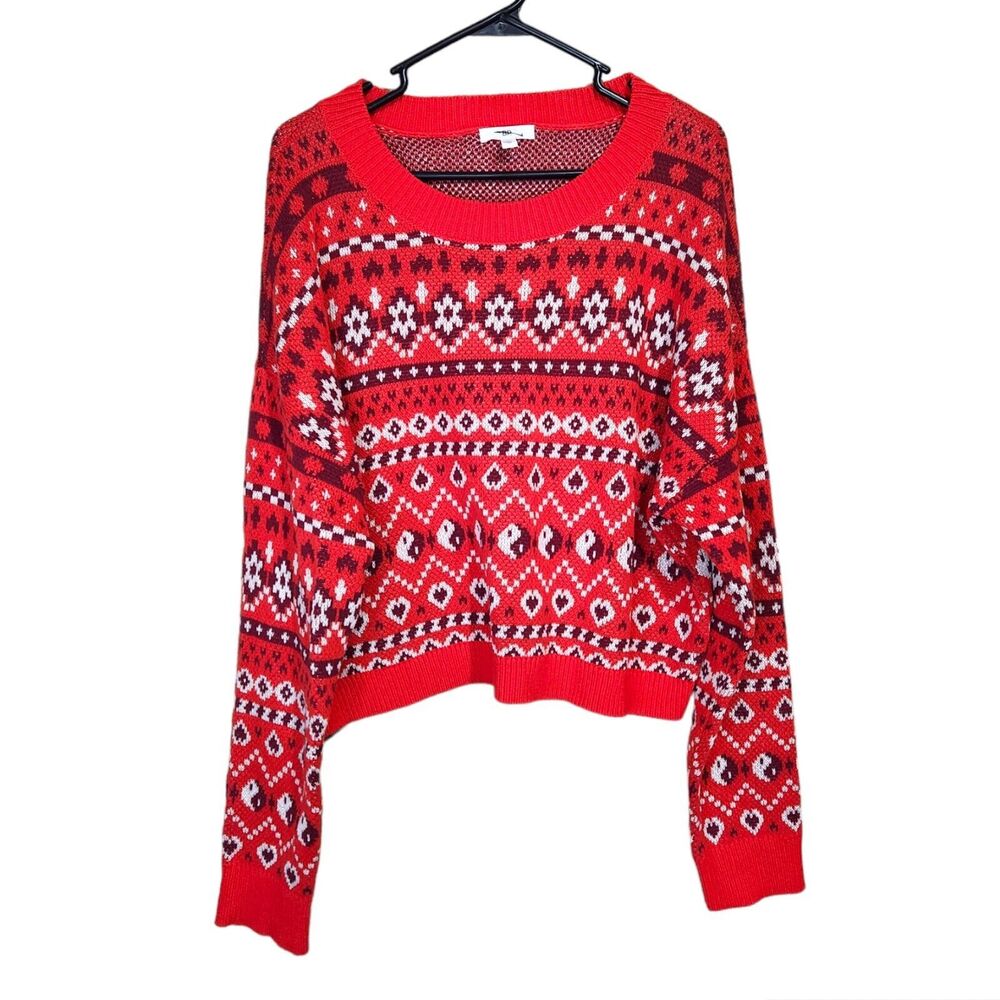 BP Plus Sixe 2X Red Scarlet Holiday Fairisle Long Sleeve Pullover Crop Sweater